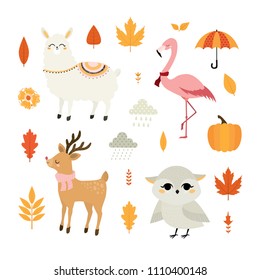 Llama, flamingo, deer and owl. Animals. Vector  set of Cartoon badges, cute  stickers. Patch or fashion pin badges. Autumn. Fall. 