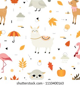 Llama, flamingo, deer and owl. Autumn. Fall.  Cute vector seamless pattern with animals. All elements are  hidden under mask. Pattern are not cropped and can be edited.