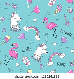 LLama and flamingo pattern on a pink background. Colorful trendy seamless pattern. Fashion illustration drawing in modern style for clothes. Drawing for kids clothes, t-shirts, fabrics or packaging