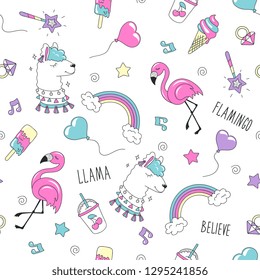 Llama and flamingo pattern on a white background. Trendy seamless pattern. Fashion illustration drawing in modern style for clothes. Drawing for kids clothes, t-shirts, fabrics or packaging