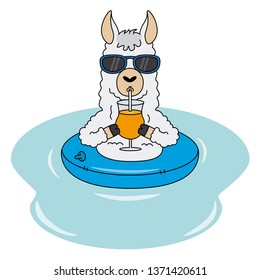 Llama with float, sunglasses and a drink