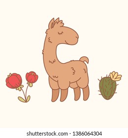 Llama, flower and cactus cartoon illustration. Vector illustration