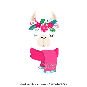 Llama with flower crown winter illustration, cute design for nursery, poster, Merry Christmas, birthday greeting card