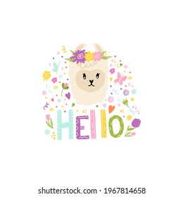 Llama with flowers. Vector isolated illustration with a lamp for making prints of children's clothing, fabrics, dishes. Cute tropical animal. Print for girls. Hello.