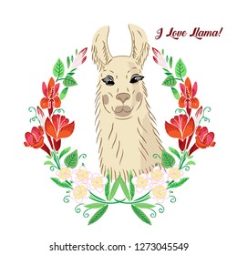  Llama with flowers wreath. Hand drawn animals sketches. Vector Illustration
