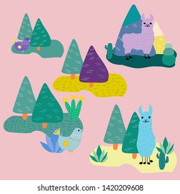 Llama and folk birds, vector icon collection. Vector illustrations that can be used both on the web or in print design
