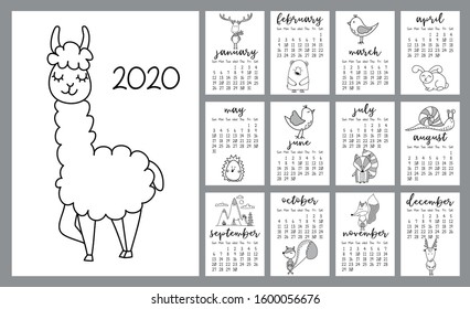 Llama and forest animals calendar for 2020 year. Cute  design, printable planner of 12 months with cute mouse. Week starts on Sunday. Standard size, ready to print.