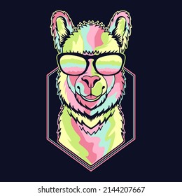 Llama funny colorful wearing a eyeglasses vector illustration for your company or brand