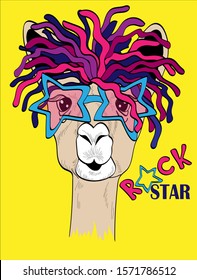 Llama with a funny hairstyle and glasses in the shape of stars. Rock star - the lettering. Postcard, poster, composition for t-shirts, print in the style of hand-drawn