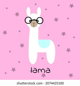 Llama funny wearing glasses cartoon style with stars Perfect for t-shirt print posters stickers greeting cards notebooksVector illustration