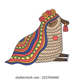 Llama girl wearing textile with traditional ornament and flower wreath. Cute fluffy alpaca. Machu picchu animal. Cartoon funny vector illustration. Isolated on white
