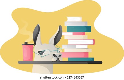 Llama in glasses with books and coffee. Exhausted alpaca. Vector illustration