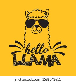 llama with glasses. hello llama. yellow background. vector illustration