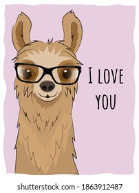 A llama with glasses on a pink background and the words I love you. Vector illustration.