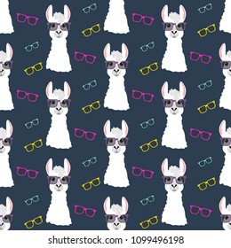 Llama in glasses seamless pattern on the blue background. Vector illustration