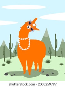 A llama with glasses surrounded by cacti.
