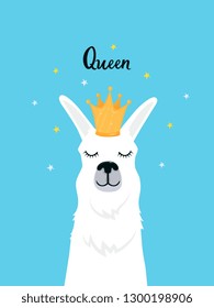 Llama in a golden crown. Adorable alpaca. Queen hand lettering. Childish print for nursery, poster, t-shirt