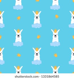 Llama in a golden crown and cloud seamless pattern. Adorable alpaca. Childish print for nursery, poster, t-shirt.