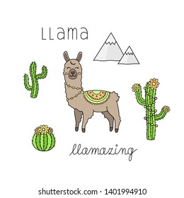 Llama hand drawn collection. Brown llama or alpaca with patterned fringed blanket. Cute outlined vector illustrations and writings of llama animal, cactus plants and mountains. Isolated.