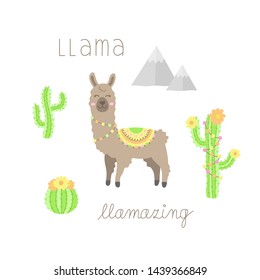 Llama hand drawn collection. Brown llama or alpaca with patterned fringed blanket. Cute vector illustrations and writings of llama animal, cactus plants and mountains. Isolated.