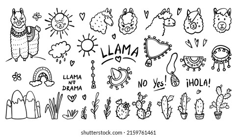 Llama hand-drawn outline Doodles Cartoon Vector Illustration Set. Cute alpaca, animal portraits, cactuses, leaves, jewelry