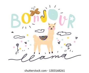 Llama handdrawn vector illustration. Slogan for t shirt. Modern beautiful print for kids. Creative funny typography slogan design. Sign "BONJOUR (HELLO) LLAMA".