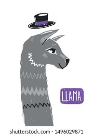 Llama with hat isolated from background. Nice character illustration.  Woodcut style.