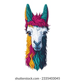 Llama head colorful concept in isolated vector illustration on white background.