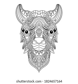 Llama head coloring book illustration. Antistress coloring for adults. black and white lines. Print for t-shirts and coloring books.