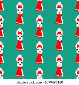 Llama head seamless pattern on the green background. Vector illustration