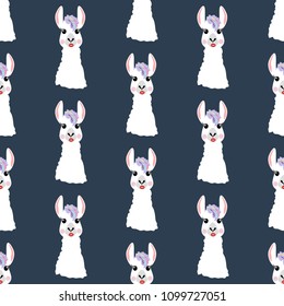 Llama head seamless pattern on the blue background. Vector illustration