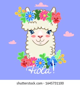 Llama head in a wreath of flowers. Lettering Hola. Vector graphics.