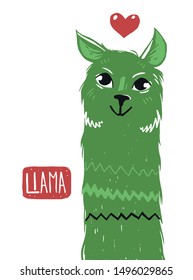 Llama with heart isolated from background. Nice character illustration.  Woodcut style.