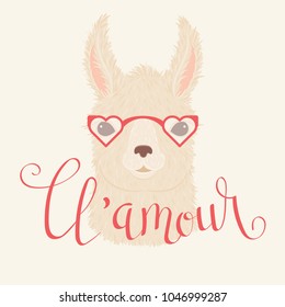 Llama in heart shaped glasses vector illustration. Hand lettering "ll'amour" in French