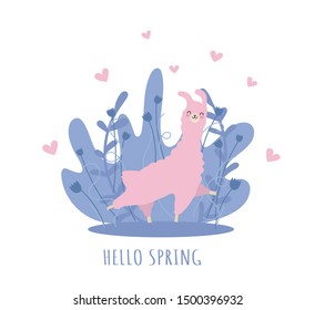 Llama with hearts and many details. Funny alpaca. Hello spring. Typography poster,card,label,banner design set with background.Vector illustration.