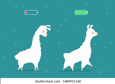 Llama with high full level energy battery green and low battery . Happy alpaca run and go. Flat vector illustration isolated on blue background.