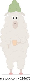 llama holds a cup in a towel on his head in slippers, print, flat illustration