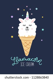 Llama ice cream cute card with cartoon doodles. Llama summer motivational and inspirational quote. Cute llama drawing with ice cream, lettering isolated on white backround, hand drawn vector illustrat