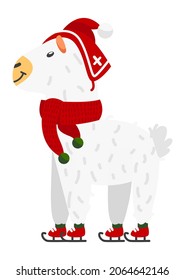 Llama ice skating. Funny cartoon winter alpaca