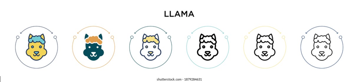 Llama icon in filled, thin line, outline and stroke style. Vector illustration of two colored and black llama vector icons designs can be used for mobile, ui, web