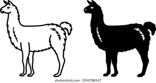 Iconos de Llama. Ilustración vectorial en blanco y negro. Alpaca, mamífero. Agricultura, agricultura. Para el diseño de libros para colorear. Concepto de animales domésticos