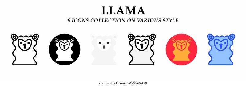 Llama icons collection. 6 Various styles. Lineal, solid black, flat, lineal color and gradient. For sign, symbol, presentation, infographic or web graphics. Vector Illustration.