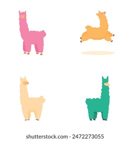 Llama icons set cartoon vector. Funny alpaca character. Cartoon animal