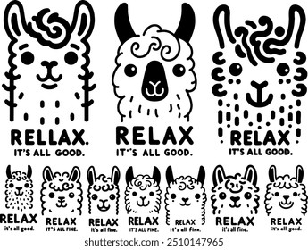 llama illustration, black and white, minimalist art, Relax, it's all fine text