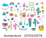Llama illustration, cute hand drawn elements and design for nursery design, poster, birthday greeting card