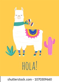 Llama illustration, cute hand drawn elements and design for nursery design, poster, birthday greeting card