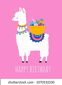 Llama illustration, cute hand drawn elements and design for nursery design, poster, birthday greeting card