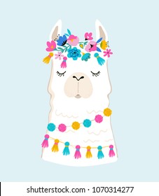 Llama illustration, cute hand drawn elements and design for nursery design, poster, birthday greeting card