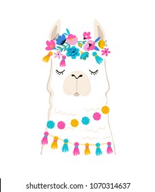 Llama illustration, cute hand drawn elements and design for nursery design, poster, birthday greeting card