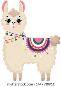 Llama illustration, cute hand drawn elements and design for nursery design, poster, birthday greeting card. Standing alpaca vector illustration